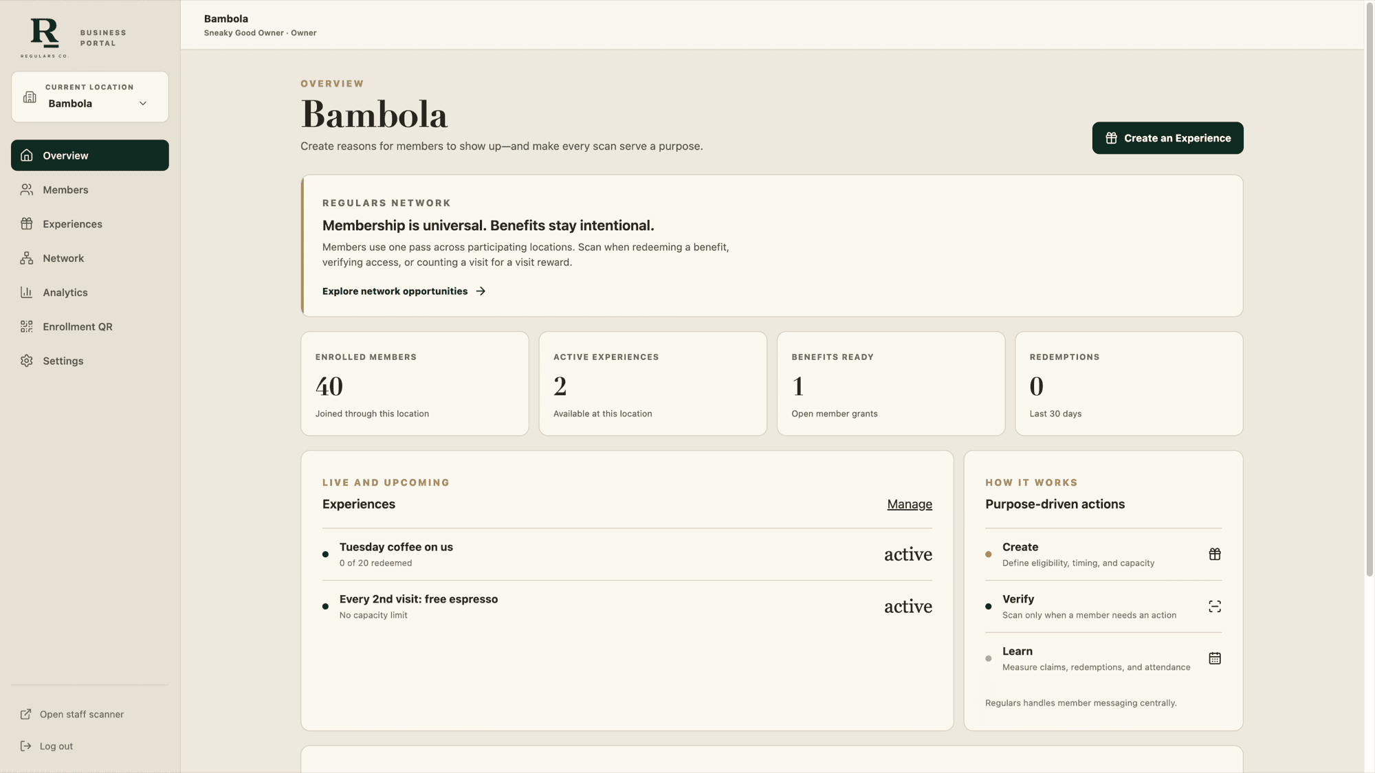 The Regulars business portal overview showing enrolled members, active Experiences, and redemptions