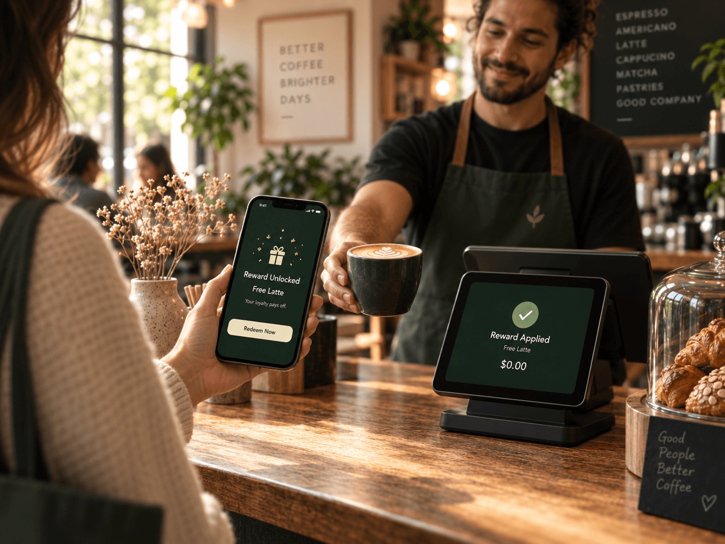 A member showing an unlocked perk while staff hand over a free latte
