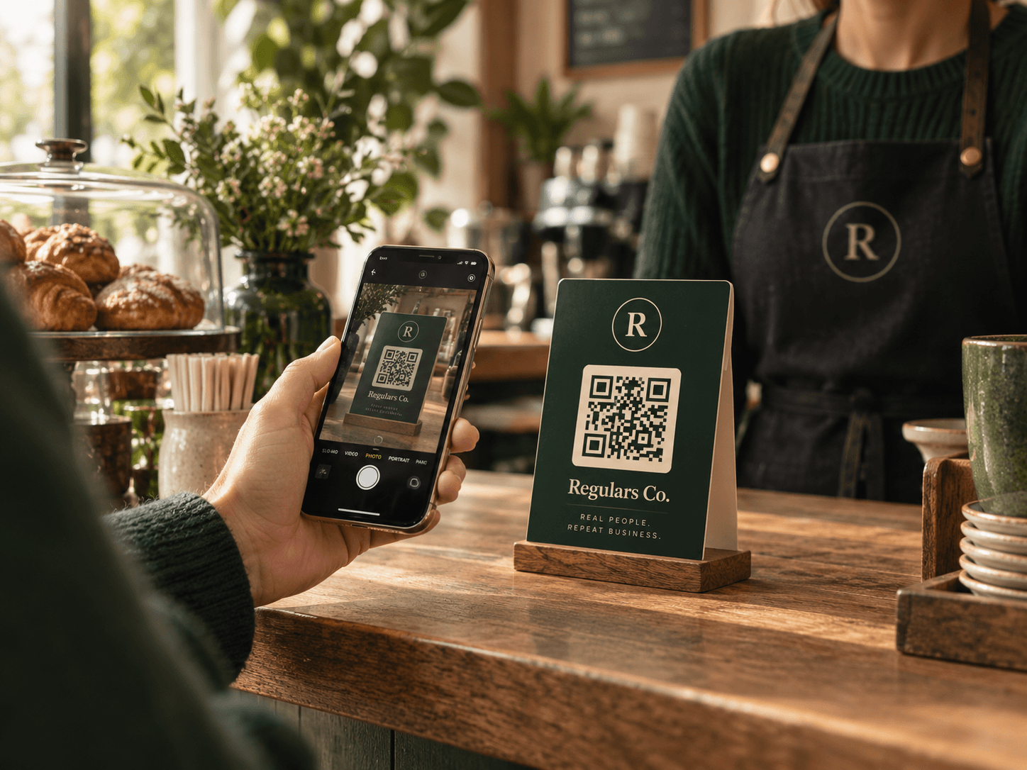 A customer scanning a Regulars QR code at the counter