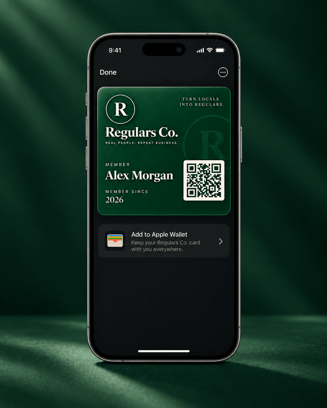 A Regulars member pass with a personal QR code on a phone